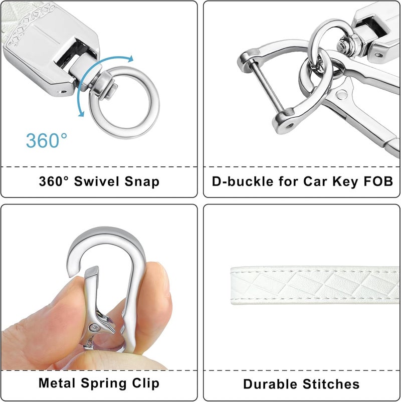 OHKYOOT Store Leather Wristlet Keychain,Car Key Chain Wrist Keychain with 3 Key Ring and Anti-Lost D Ring (White Silver) - Image 2